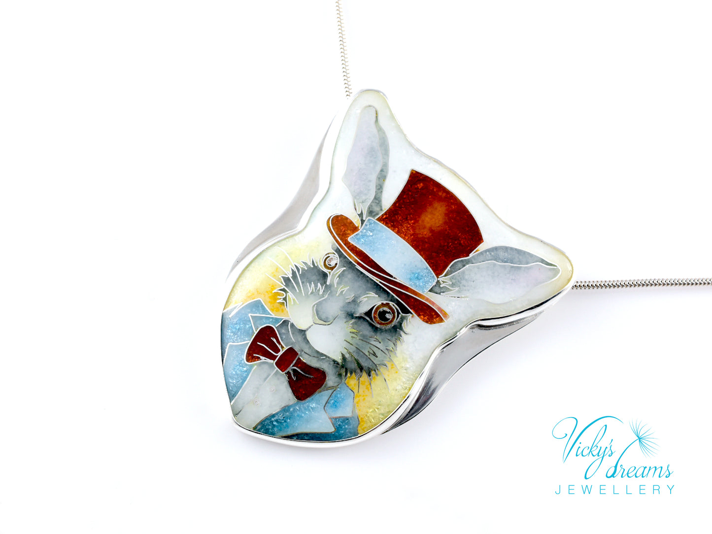 Handmade Bunny in a Hat cloisonné pendant necklace in sterling silver