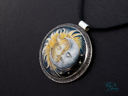 Sun & Moon Cloisonné Enamel Pendant – Sterling Silver Celestial Jewellery | VickysDreams