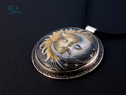 Sun & Moon Cloisonné Enamel Pendant – Sterling Silver Celestial Jewellery | VickysDreams