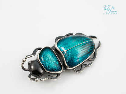 Teal Turquoise Enamel Beetle Pendant | Sterling Silver Split Wing Insect Jewelry | Emerald Green Bug Necklace