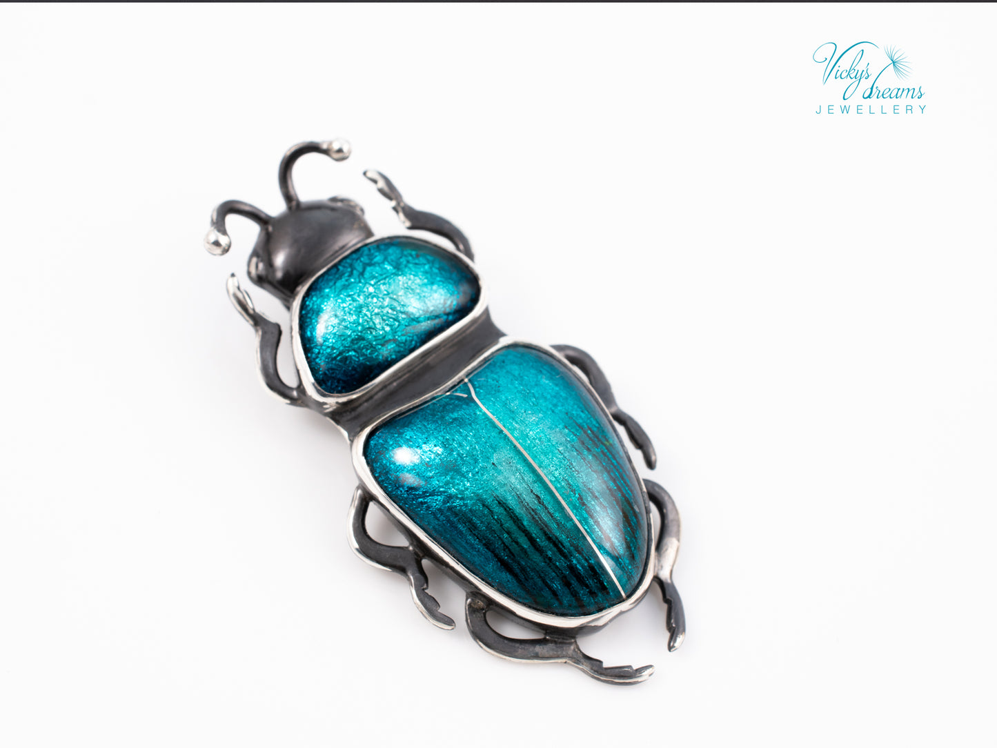 Teal Turquoise Enamel Beetle Pendant | Sterling Silver Split Wing Insect Jewelry | Emerald Green Bug Necklace
