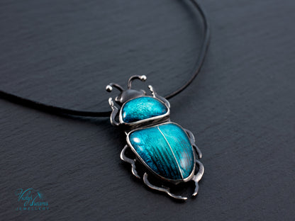 Teal Turquoise Enamel Beetle Pendant | Sterling Silver Split Wing Insect Jewelry | Emerald Green Bug Necklace
