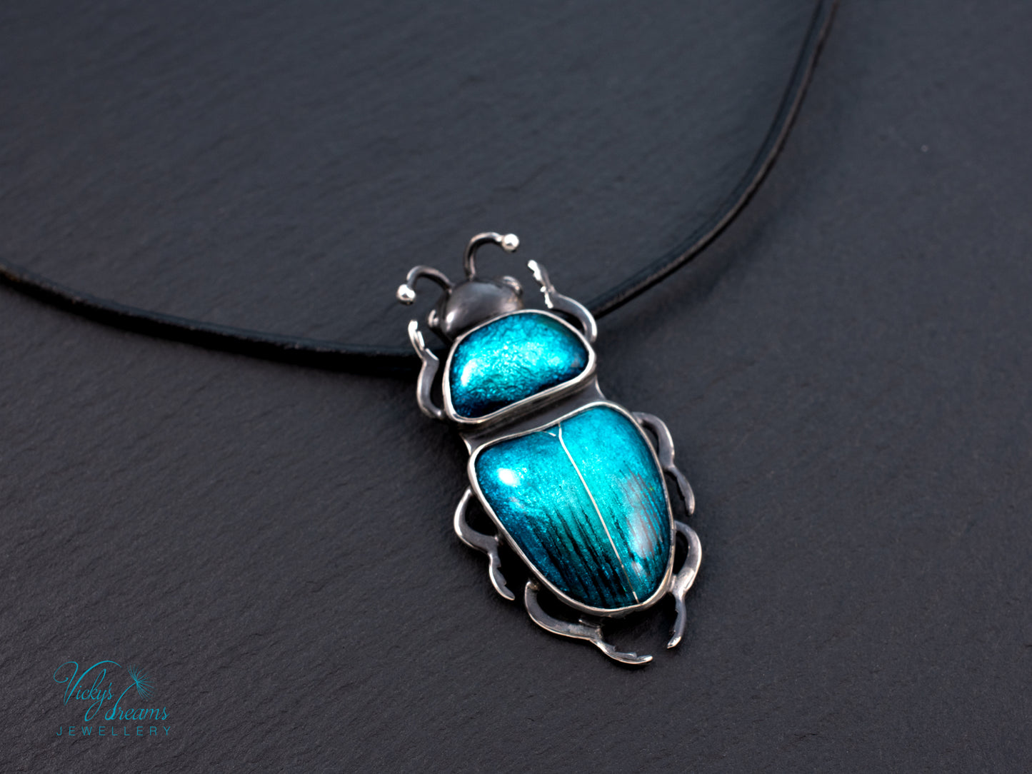 Teal Turquoise Enamel Beetle Pendant | Sterling Silver Split Wing Insect Jewelry | Emerald Green Bug Necklace
