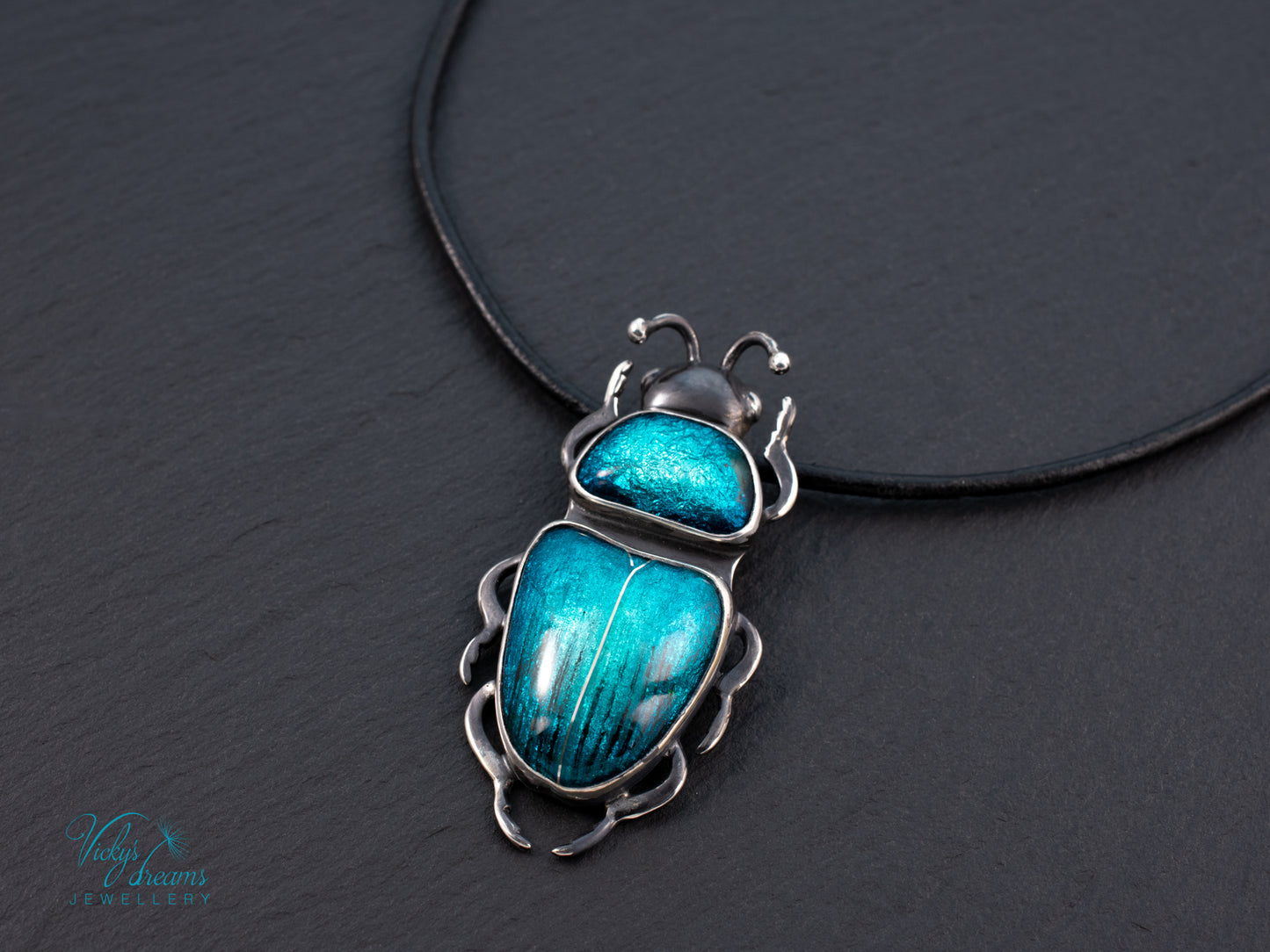 Teal Turquoise Enamel Beetle Pendant | Sterling Silver Split Wing Insect Jewelry | Emerald Green Bug Necklace