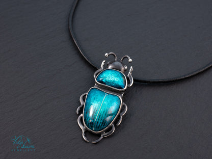 Teal Turquoise Enamel Beetle Pendant | Sterling Silver Split Wing Insect Jewelry | Emerald Green Bug Necklace