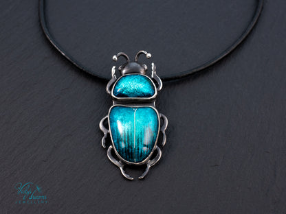 Teal Turquoise Enamel Beetle Pendant | Sterling Silver Split Wing Insect Jewelry | Emerald Green Bug Necklace