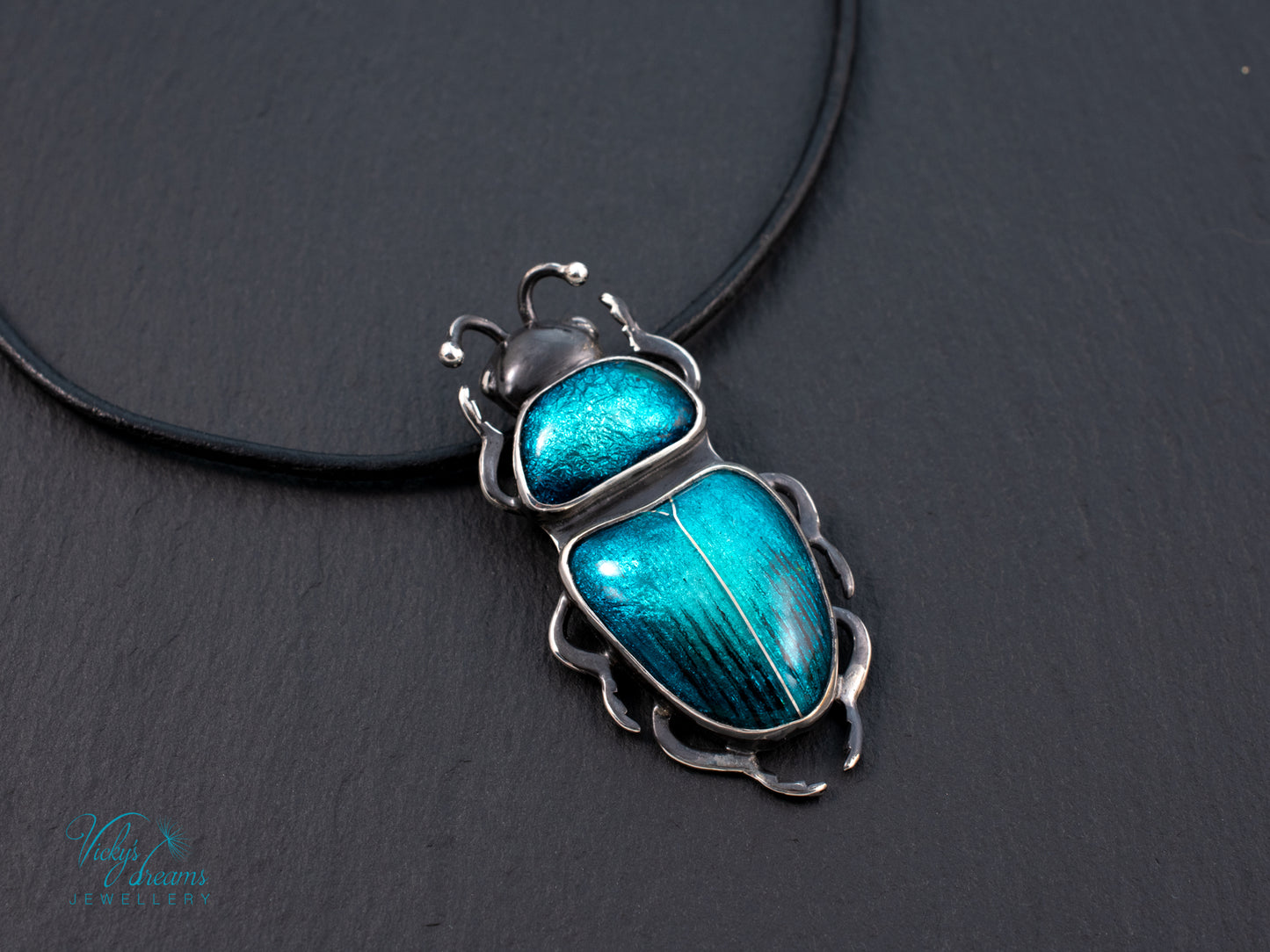 Teal Turquoise Enamel Beetle Pendant | Sterling Silver Split Wing Insect Jewelry | Emerald Green Bug Necklace