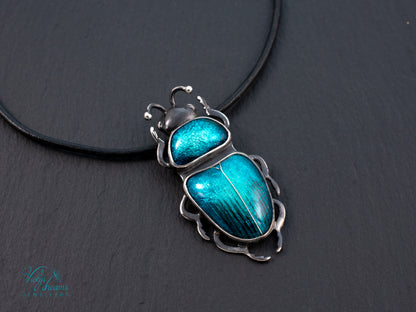 Teal Turquoise Enamel Beetle Pendant | Sterling Silver Split Wing Insect Jewelry | Emerald Green Bug Necklace