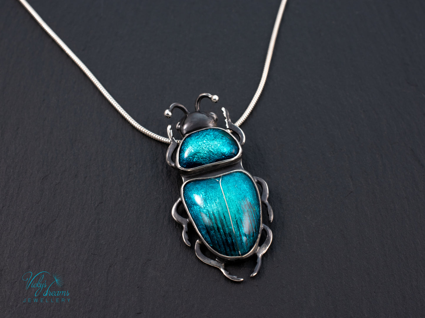 Teal Turquoise Enamel Beetle Pendant | Sterling Silver Split Wing Insect Jewelry | Emerald Green Bug Necklace