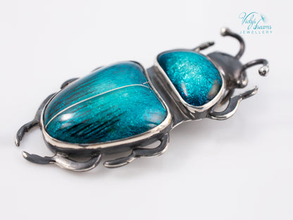 Teal Turquoise Enamel Beetle Pendant | Sterling Silver Split Wing Insect Jewelry | Emerald Green Bug Necklace