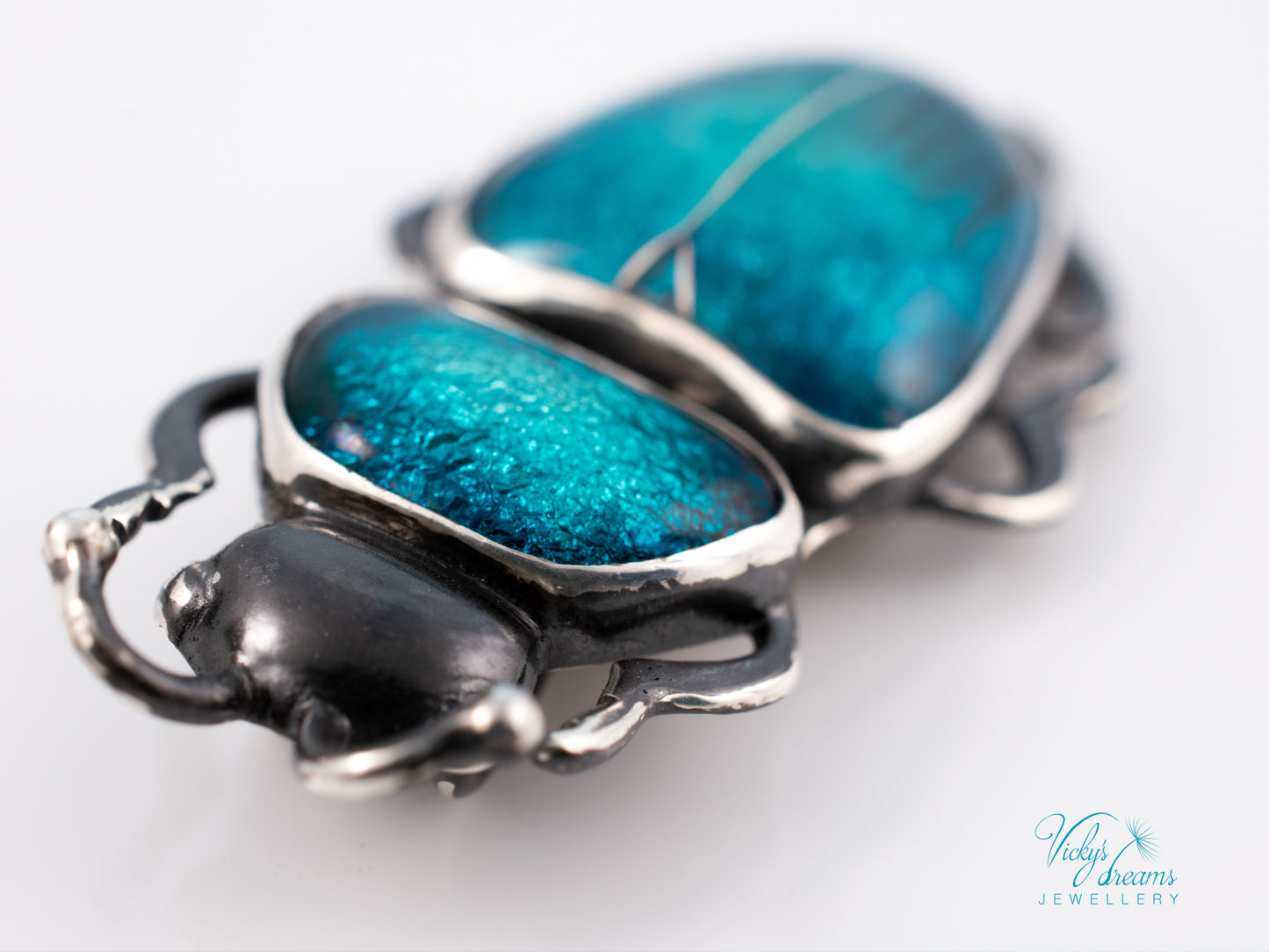 Teal Turquoise Enamel Beetle Pendant | Sterling Silver Split Wing Insect Jewelry | Emerald Green Bug Necklace