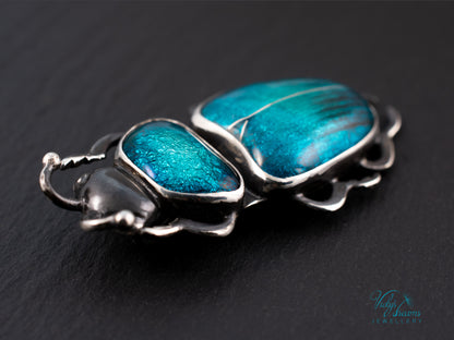 Teal Turquoise Enamel Beetle Pendant | Sterling Silver Split Wing Insect Jewelry | Emerald Green Bug Necklace