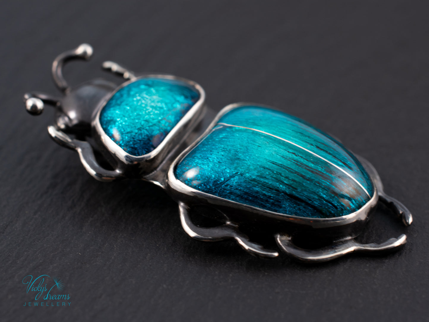 Teal Turquoise Enamel Beetle Pendant | Sterling Silver Split Wing Insect Jewelry | Emerald Green Bug Necklace