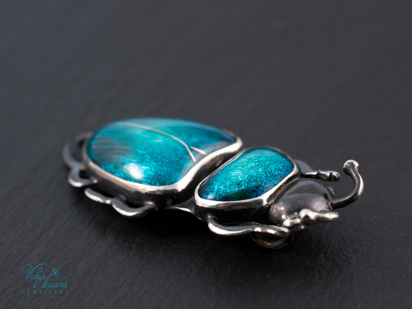 Teal Turquoise Enamel Beetle Pendant | Sterling Silver Split Wing Insect Jewelry | Emerald Green Bug Necklace