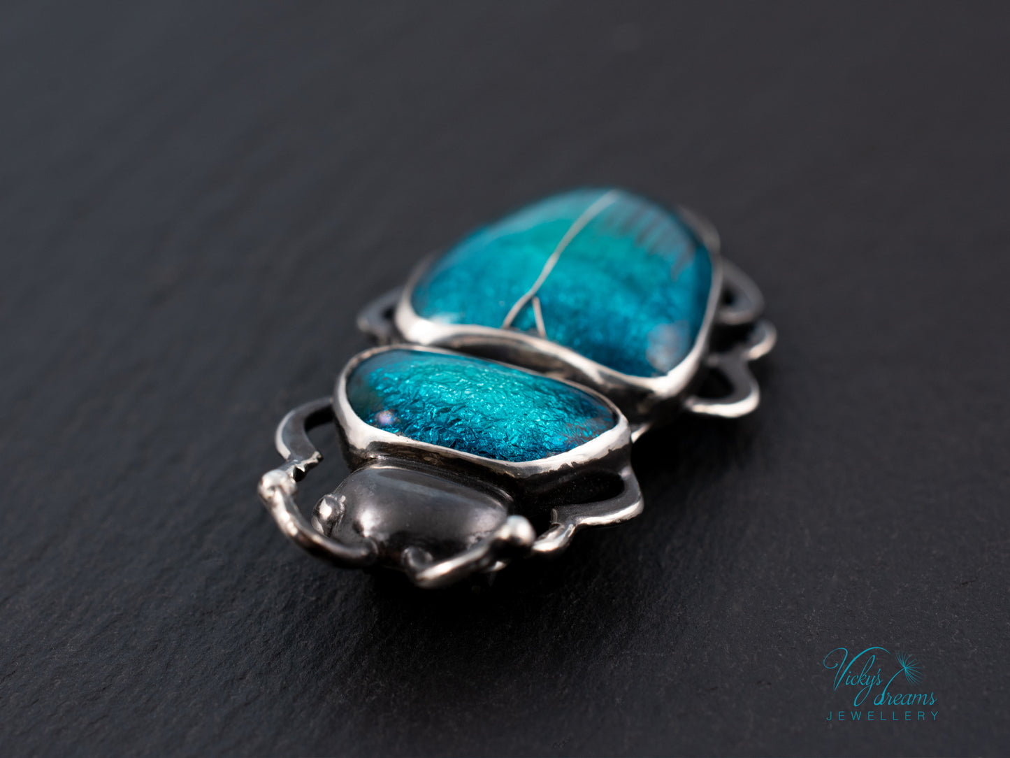 Teal Turquoise Enamel Beetle Pendant | Sterling Silver Split Wing Insect Jewelry | Emerald Green Bug Necklace