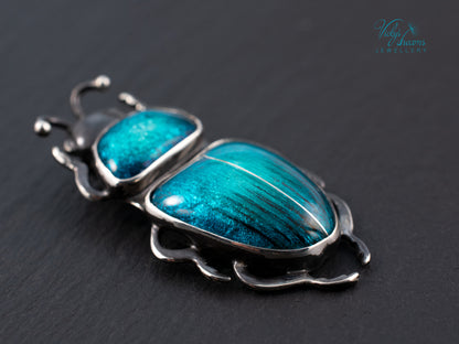 Teal Turquoise Enamel Beetle Pendant | Sterling Silver Split Wing Insect Jewelry | Emerald Green Bug Necklace