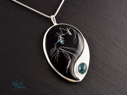 cat pendant, cloisonné enamel, sterling silver, apatite stone