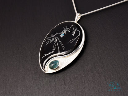 cat pendant, cloisonné enamel, sterling silver, apatite stone