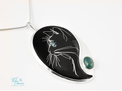 cat pendant, cloisonné enamel, sterling silver, apatite stone