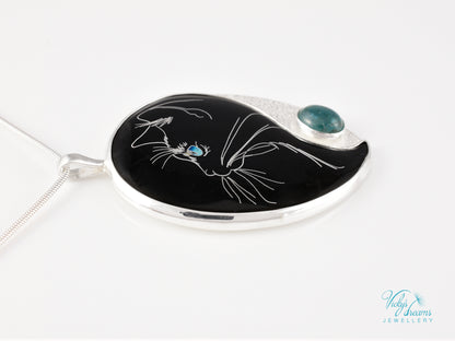 cat pendant, cloisonné enamel, sterling silver, apatite stone