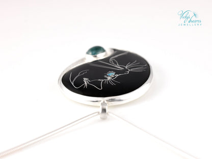 cat pendant, cloisonné enamel, sterling silver, apatite stone