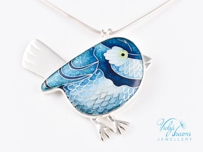 Vibrant blue birdie Cloisonné enamel pendant