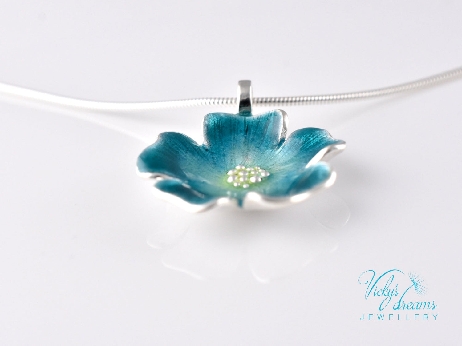 Handmade cloisonné enamel blue flower pendant on sterling silver necklace