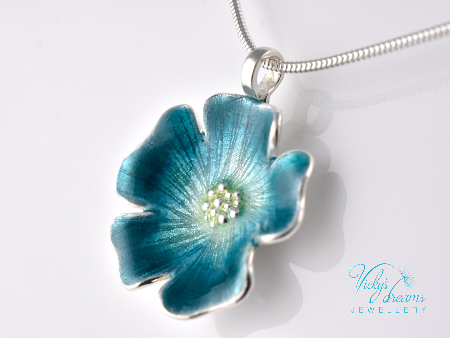 Handmade cloisonné enamel blue flower pendant on sterling silver necklace