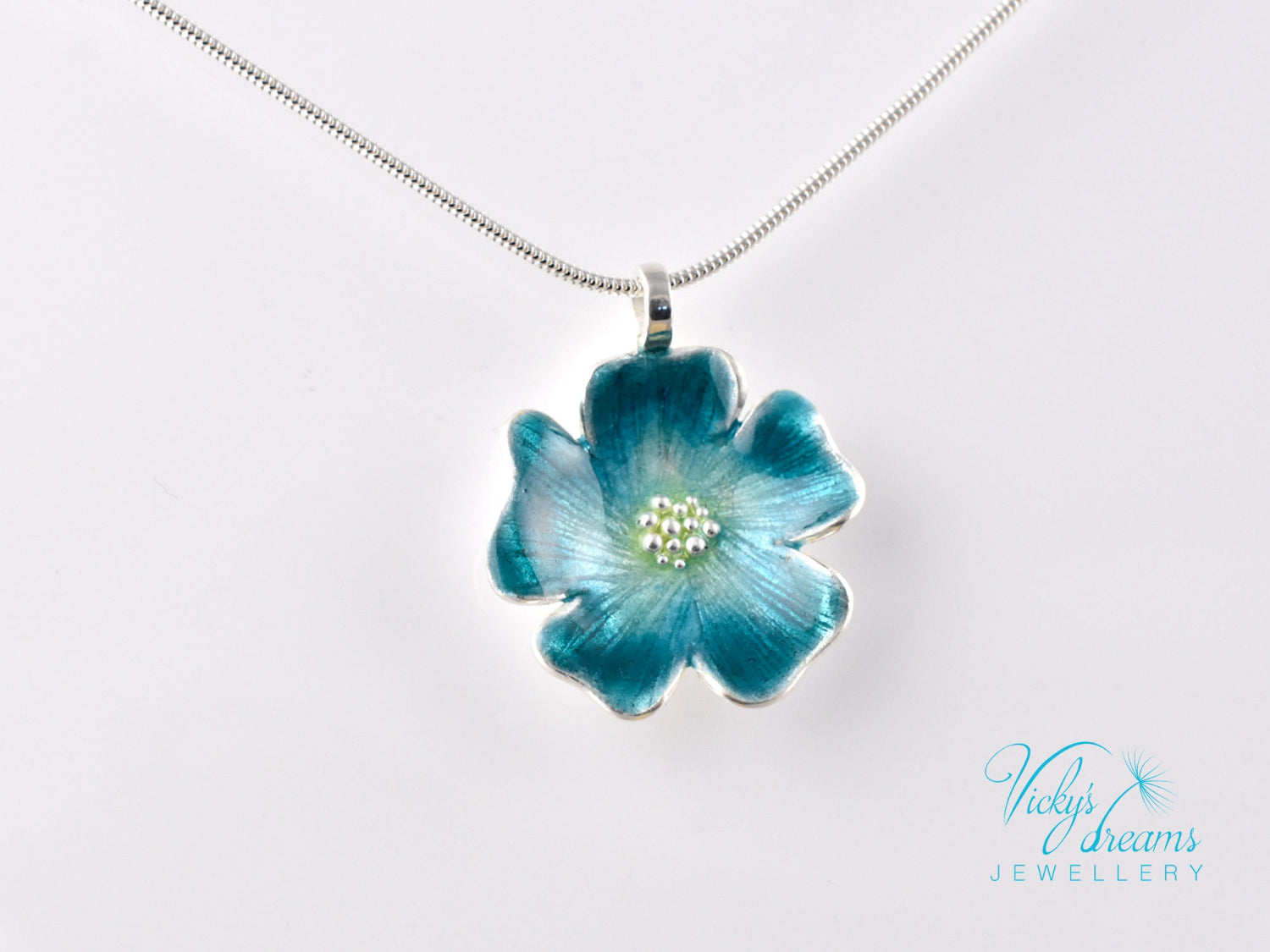Handmade cloisonné enamel blue flower pendant on sterling silver necklace