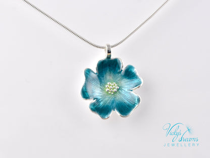 Handmade cloisonné enamel blue flower pendant on sterling silver necklace