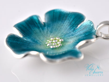 Handmade cloisonné enamel blue flower pendant on sterling silver necklace