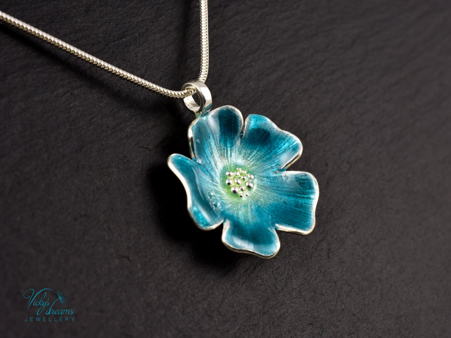 Handmade cloisonné enamel blue flower pendant on sterling silver necklace