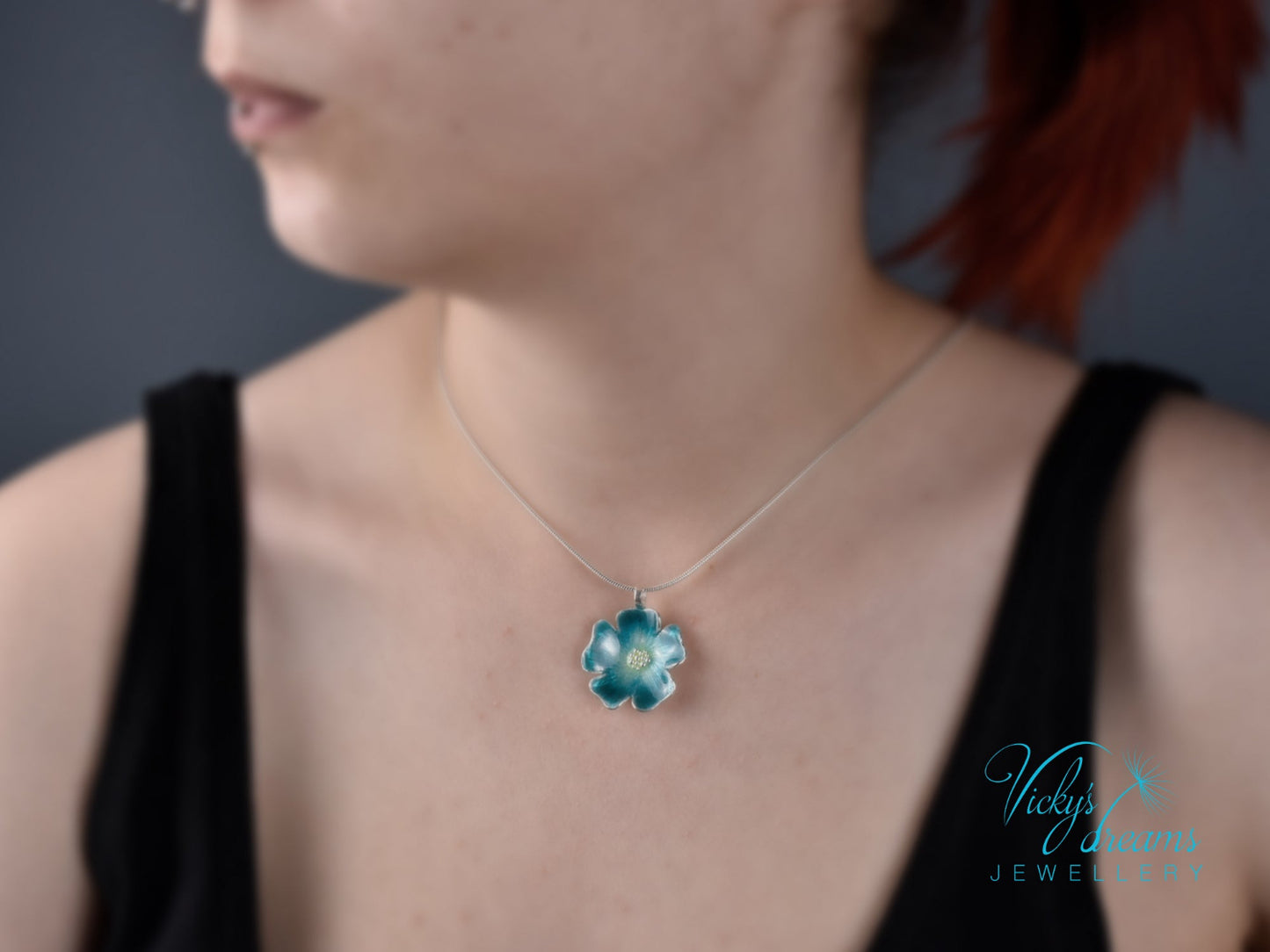 Handmade cloisonné enamel blue flower pendant on sterling silver necklace