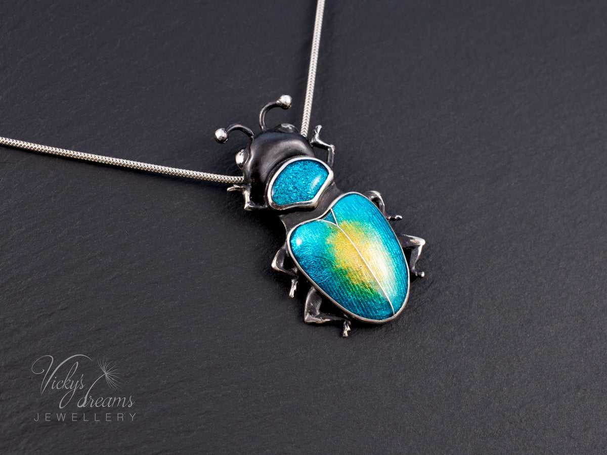 Handmade Cloisonne Beetle Necklace - Vitreous Enamel Insect Pendant, Gothic Witchy Nature Jewelry, OOAK Wearable Art Bug Amulet Gift