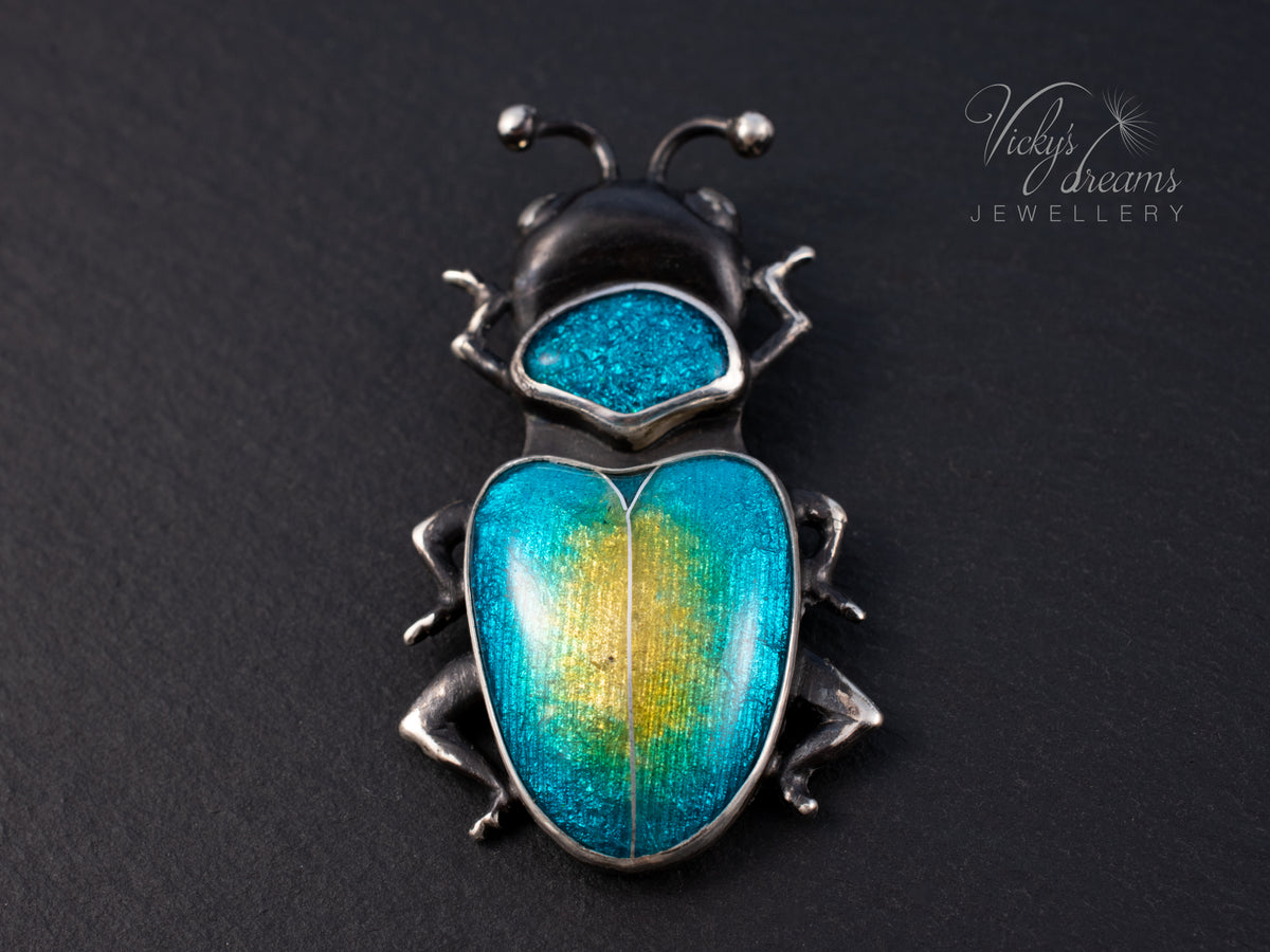 Handmade Cloisonne Beetle Necklace - Vitreous Enamel Insect Pendant, Gothic Witchy Nature Jewelry, OOAK Wearable Art Bug Amulet Gift