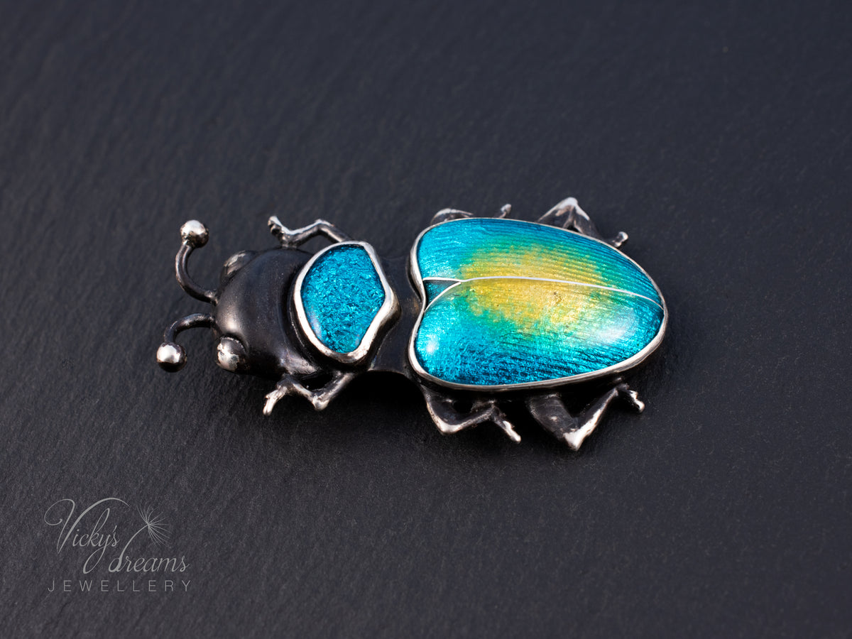 Handmade Cloisonne Beetle Necklace - Vitreous Enamel Insect Pendant, Gothic Witchy Nature Jewelry, OOAK Wearable Art Bug Amulet Gift