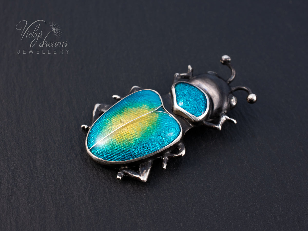 Handmade Cloisonne Beetle Necklace - Vitreous Enamel Insect Pendant, Gothic Witchy Nature Jewelry, OOAK Wearable Art Bug Amulet Gift