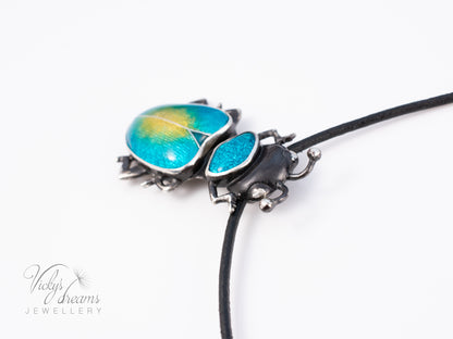 Handmade Cloisonne Beetle Necklace - Vitreous Enamel Insect Pendant, Gothic Witchy Nature Jewelry, OOAK Wearable Art Bug Amulet Gift
