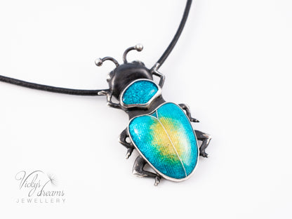 Handmade Cloisonne Beetle Necklace - Vitreous Enamel Insect Pendant, Gothic Witchy Nature Jewelry, OOAK Wearable Art Bug Amulet Gift
