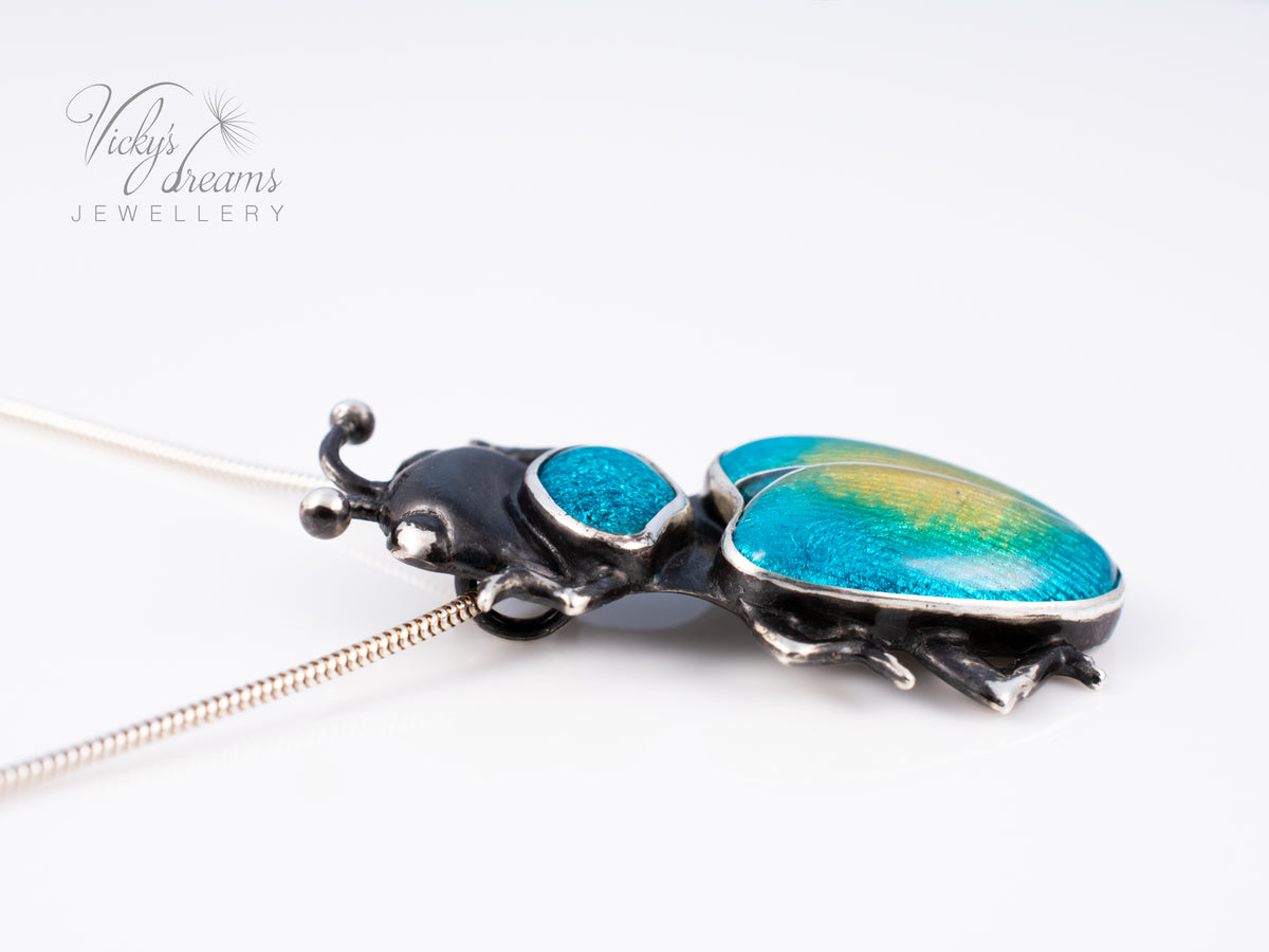 Handmade Cloisonne Beetle Necklace - Vitreous Enamel Insect Pendant, Gothic Witchy Nature Jewelry, OOAK Wearable Art Bug Amulet Gift
