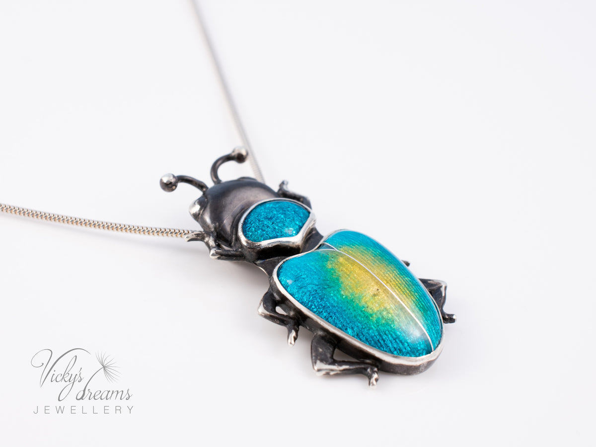 Handmade Cloisonne Beetle Necklace - Vitreous Enamel Insect Pendant, Gothic Witchy Nature Jewelry, OOAK Wearable Art Bug Amulet Gift