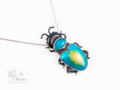 Handmade Cloisonne Beetle Necklace - Vitreous Enamel Insect Pendant, Gothic Witchy Nature Jewelry, OOAK Wearable Art Bug Amulet Gift