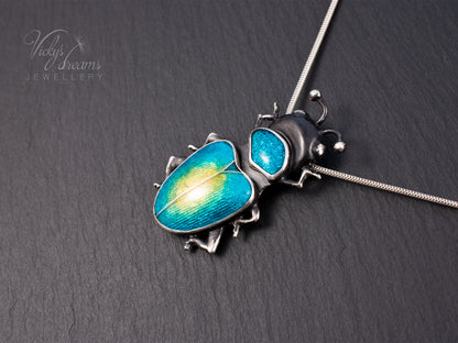 Handmade Cloisonne Beetle Necklace - Vitreous Enamel Insect Pendant, Gothic Witchy Nature Jewelry, OOAK Wearable Art Bug Amulet Gift