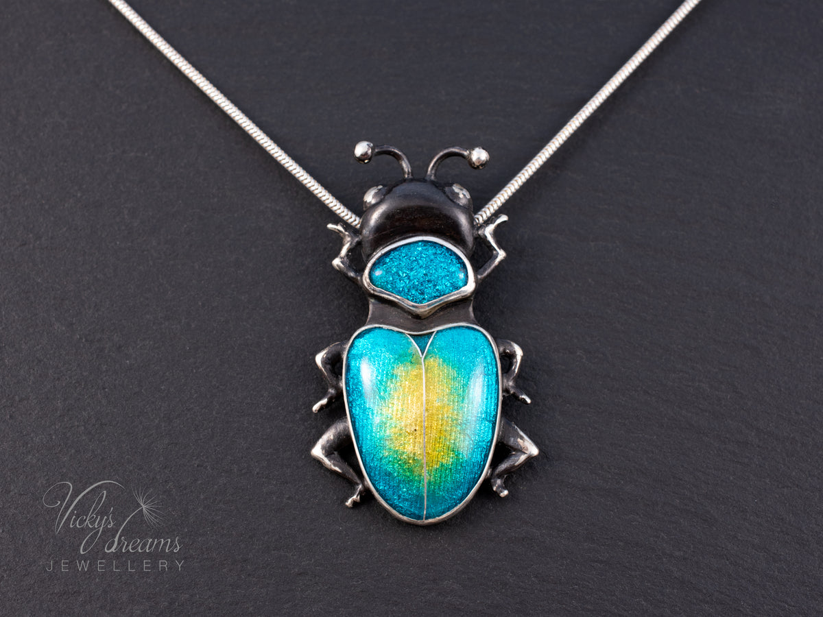 Handmade Cloisonne Beetle Necklace - Vitreous Enamel Insect Pendant, Gothic Witchy Nature Jewelry, OOAK Wearable Art Bug Amulet Gift