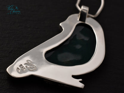 Bird-shaped pendant with blue and orange feathers 