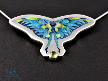 Cloisonné & Champlevé Butterfly Pendant: Peridot-Accented Enamel Artistry Necklace