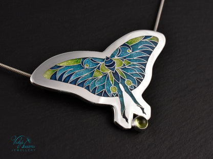 Cloisonné & Champlevé Butterfly Pendant: Peridot-Accented Enamel Artistry Necklace