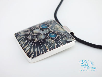 Handmade cloisonné blue-eyed cat pendant necklace in sterling silver