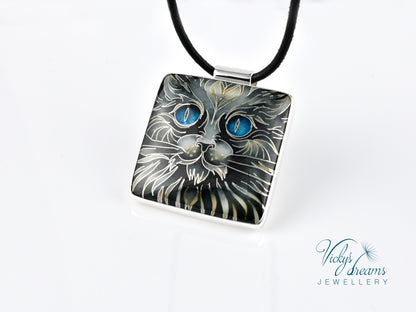 Handmade cloisonné blue-eyed cat pendant necklace in sterling silver
