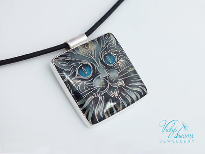 Handmade cloisonné blue-eyed cat pendant necklace in sterling silver